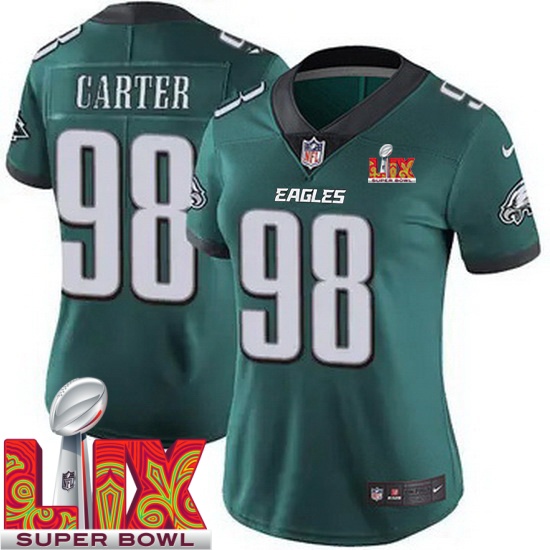 Women Philadelphia Eagles Jalen Carter #98 Green 2024 2025 Super Bowl LIX F U S
E Stitched NFL Jersey