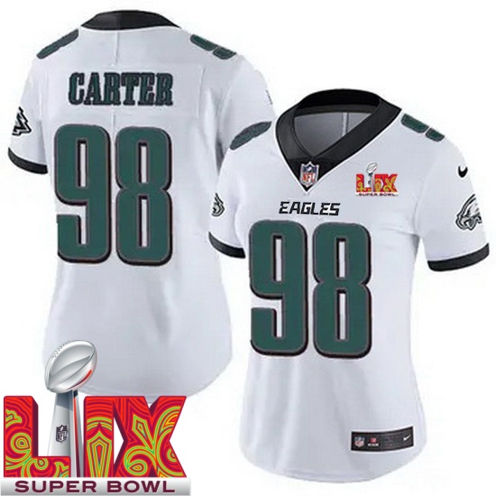 Women Philadelphia Eagles Jalen Carter #98 White 2024 2025 Super Bowl LIX F U S
E Stitched NFL Jersey